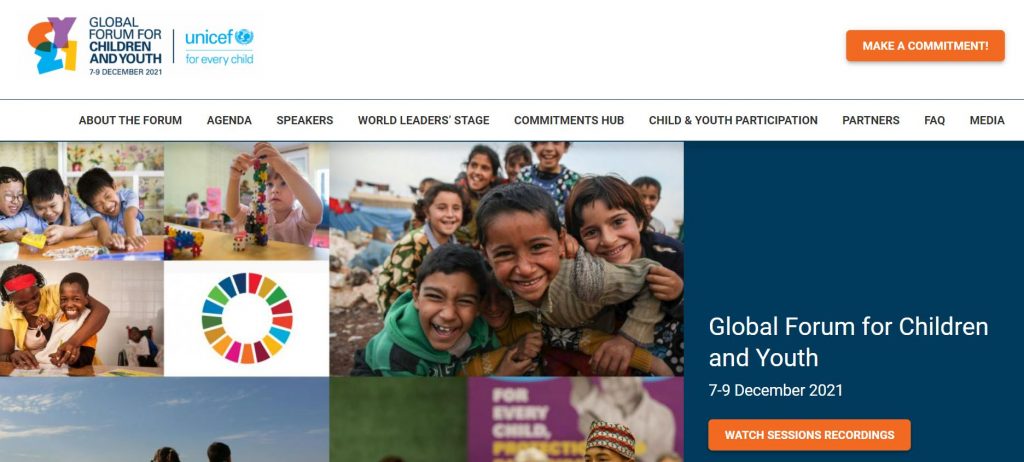 Screenshot of the Global Forum for Children and Youth website homepage
